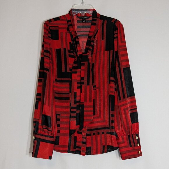 INVESTMENTS Red/Black Plaid Satin Long Sleeve Button Blouse; Size M - Picture 1 of 5